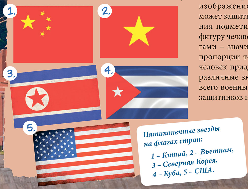 Пятиконечные звезды на флагах стран: 1 — Китай, 2 — Вьетнам, 3 — Северная Корея, 4 — Куба, 5 — США